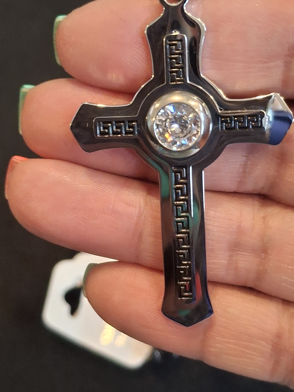 Black Cross Pendant with Clear Crystal Accent